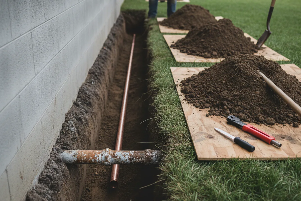 Excavated water line trench during Sewer Line Repair in Green Road